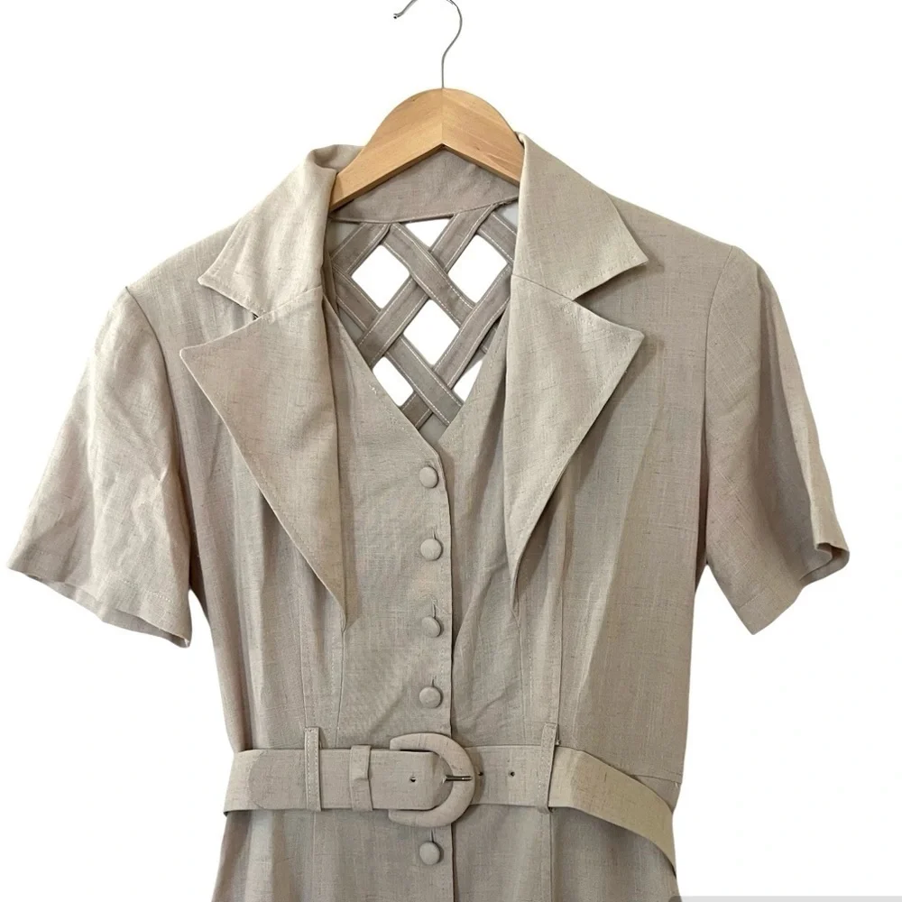 Vintage Chatcarel Beige Tan Belted Braided Back Midi Dress - Picture 4 of 8